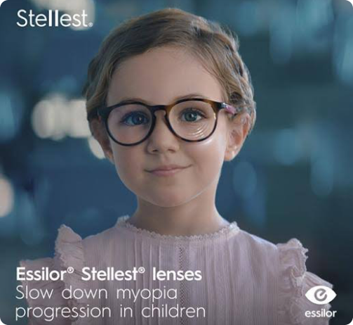 A child wearing Essilor Stellest myopia-control glasses