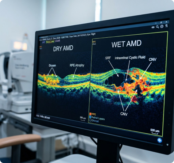 Retinal scans comparing dry AMD and wet AMD