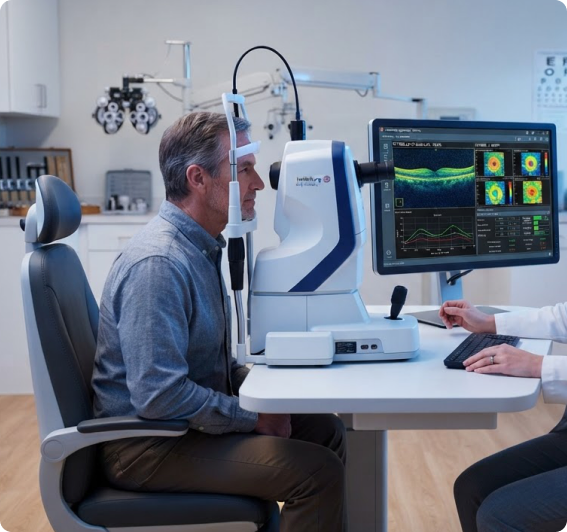 An optometrist reviewing precision retinal imaging with a patient