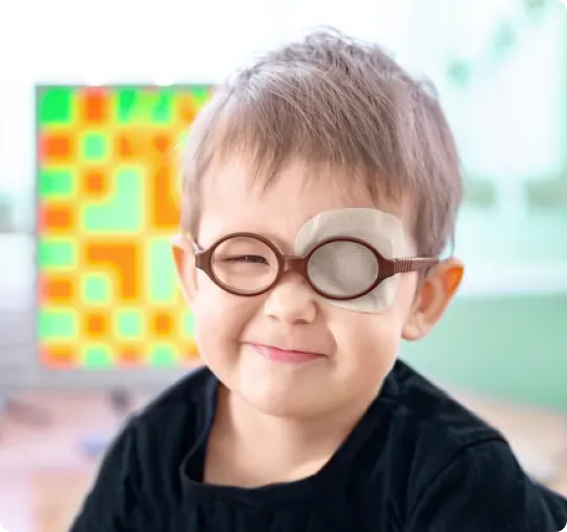 A child wearing a protective eye patch during recovery